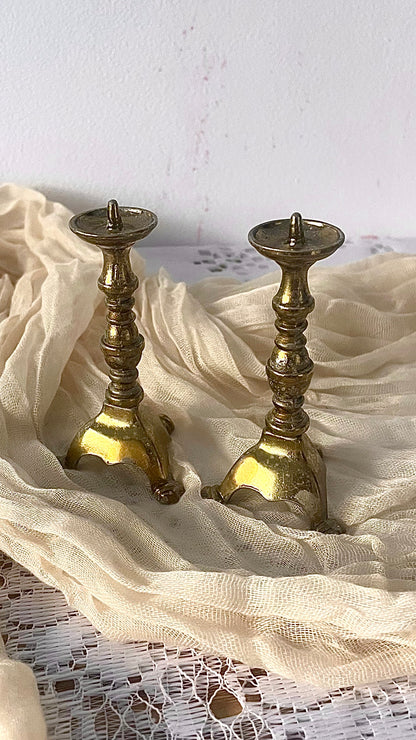 Pair of Late Victorian Antique Pricket Candlesticks - Gothic Revival Gilt Metal Altar Candle Holders