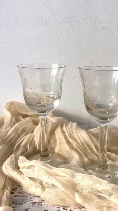 Pair of Vintage Hand-Etched Sherry Glasses - Mid-Century Floral Etched Stemware 1940s–60s
