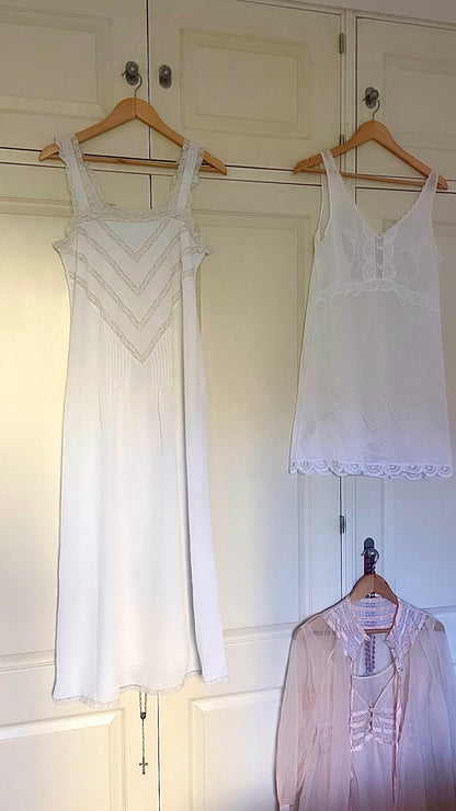 Vintage White Nightgown with Chevron Lace Insertion - 1960s–1970s