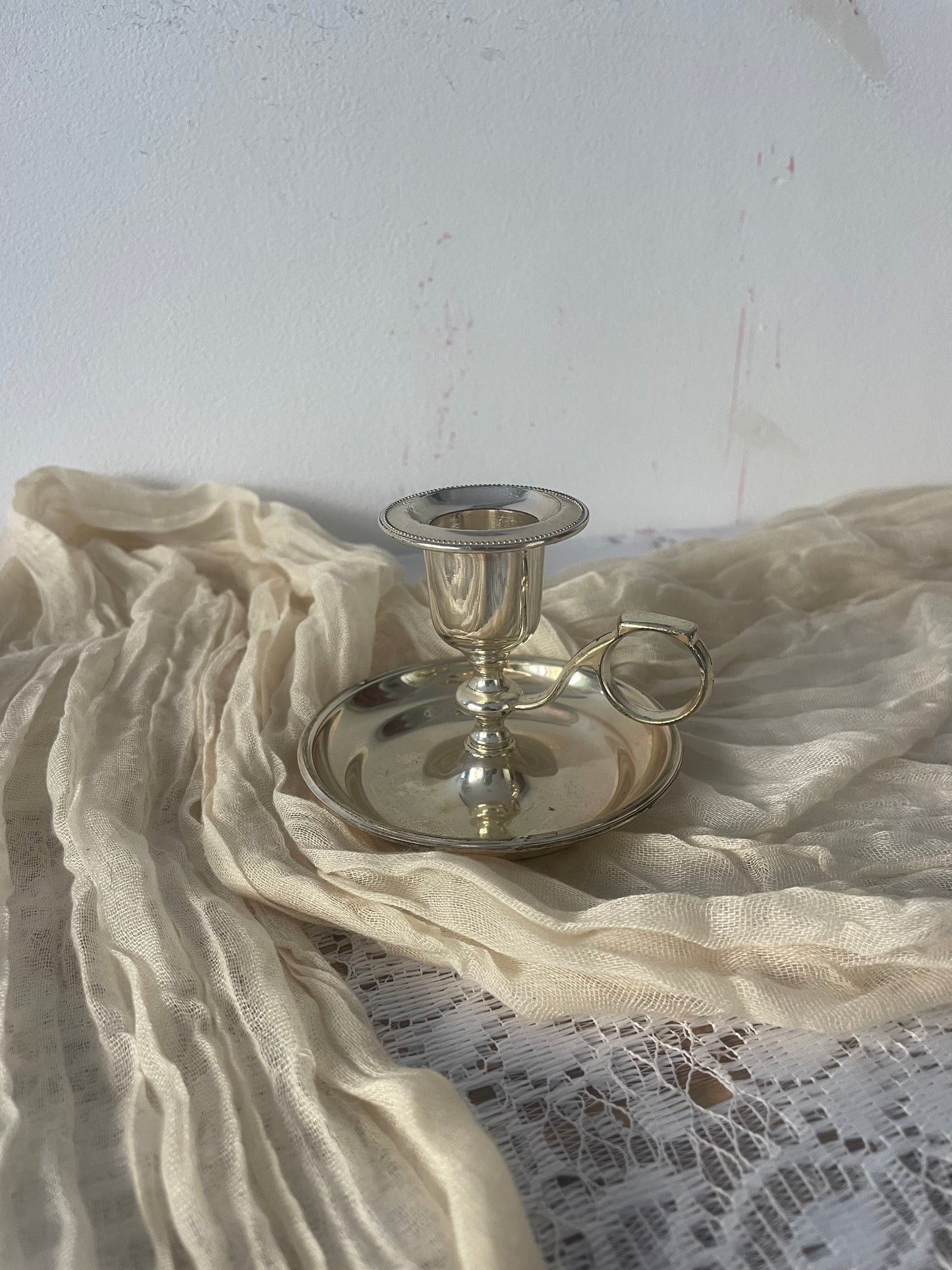Vintage English Silver Plate Chamberstick - EP Chamber Candlestick with Finger Ring Handle