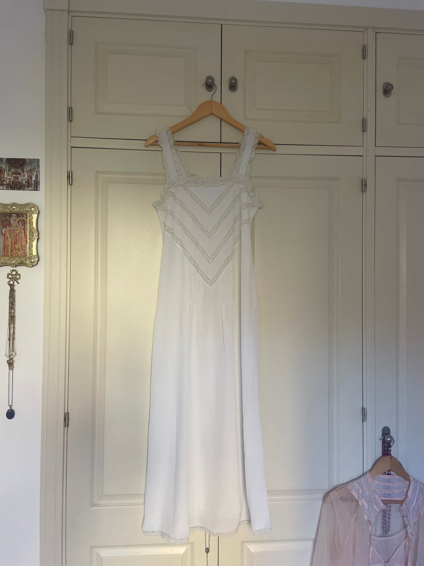 Vintage White Nightgown with Chevron Lace Insertion - 1960s–1970s