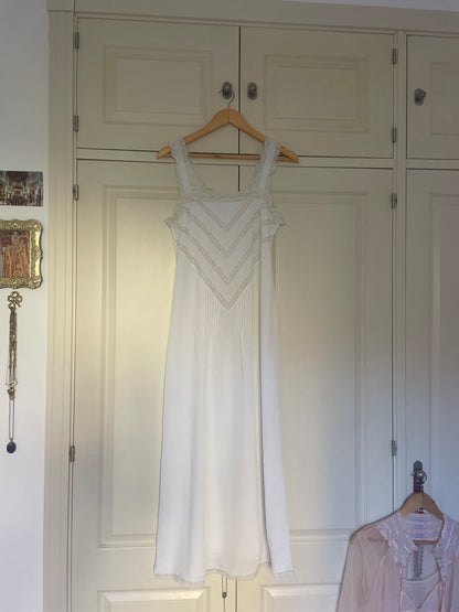 Vintage White Nightgown with Chevron Lace Insertion - 1960s–1970s