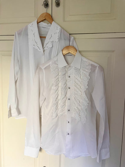 Vintage 1980/90s White Blouse with Cutwork Embroidered Collar and Pearl Bead Detail