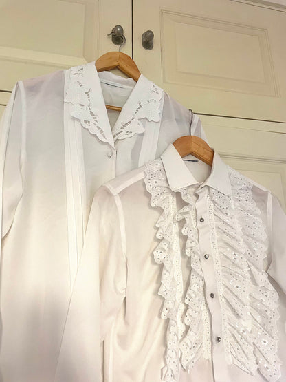 Vintage 1980/90s White Blouse with Cutwork Embroidered Collar and Pearl Bead Detail