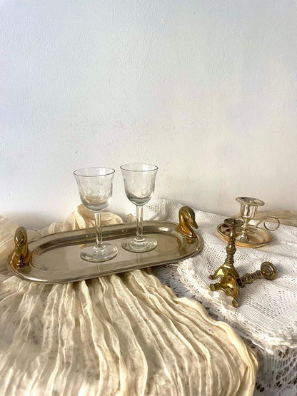 Pair of Vintage Hand-Etched Sherry Glasses - Mid-Century Floral Etched Stemware 1940s–60s