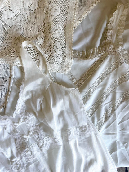 Vintage White Nightgown with Chevron Lace Insertion - 1960s–1970s