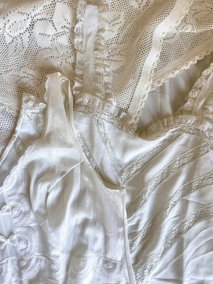 Vintage Nightgown - Empire Waist with Looped Woven Trim, Mid-Thigh, 1970s–80s
