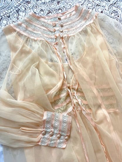 Vintage 1970s Blush Pink Babydoll & Peignoir Set - Sheer Chiffon Lingerie with Lace Inserts