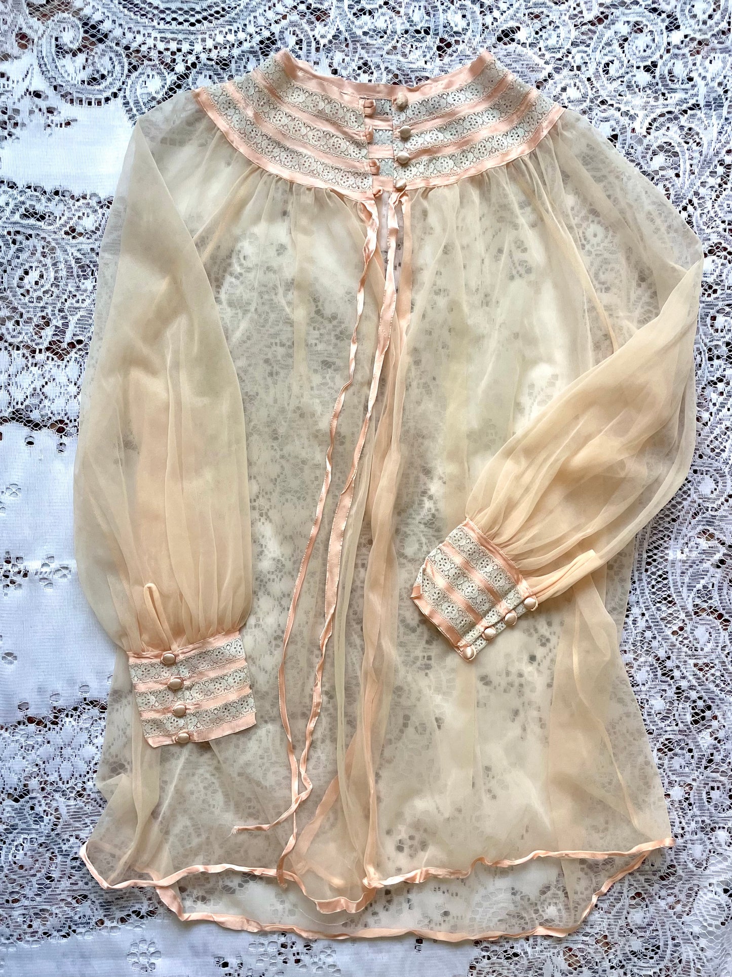 Vintage 1970s Blush Pink Babydoll & Peignoir Set - Sheer Chiffon Lingerie with Lace Inserts