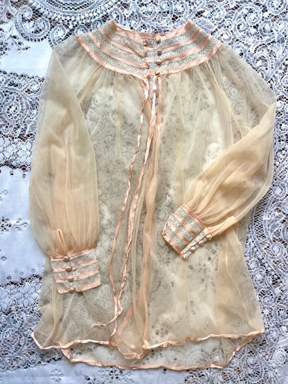 Vintage 1970s Blush Pink Babydoll & Peignoir Set - Sheer Chiffon Lingerie with Lace Inserts