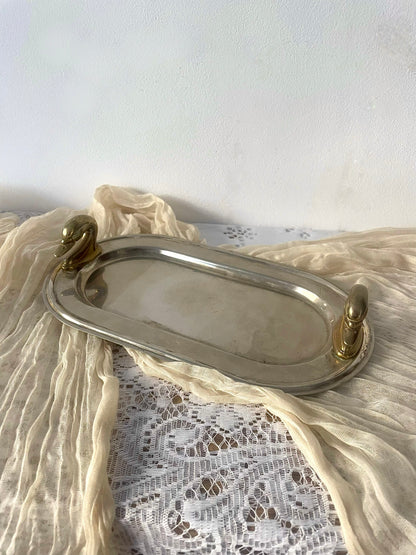Vintage Hollywood Regency Style Silver Plate Swan Handle Tray