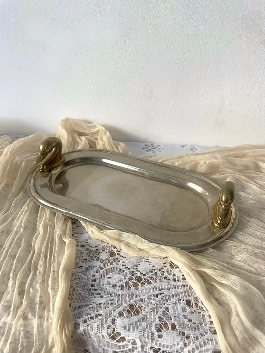 Vintage Hollywood Regency Style Silver Plate Swan Handle Tray