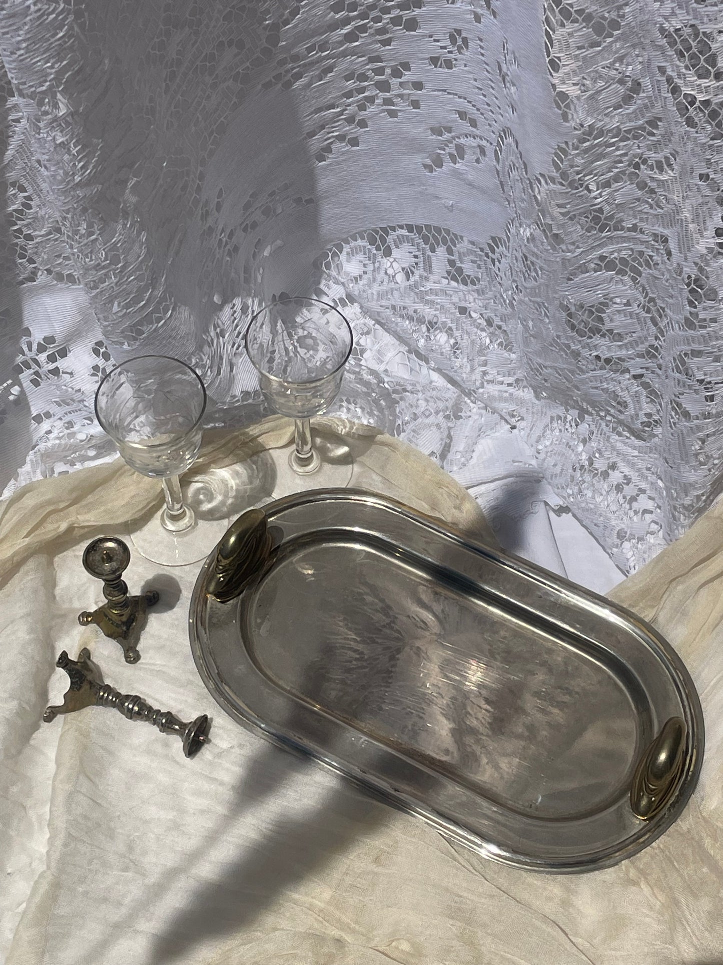 Vintage Hollywood Regency Style Silver Plate Swan Handle Tray