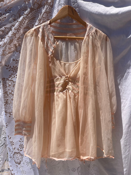 Vintage 1970s Blush Pink Babydoll & Peignoir Set - Sheer Chiffon Lingerie with Lace Inserts