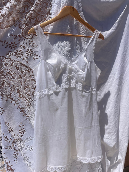 Vintage Nightgown - Empire Waist with Looped Woven Trim, Mid-Thigh, 1970s–80s
