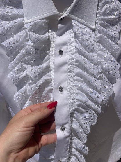 Vintage 1970s White Broderie Anglaise Ruffle Bib Shirt With Rhinestone Buttons