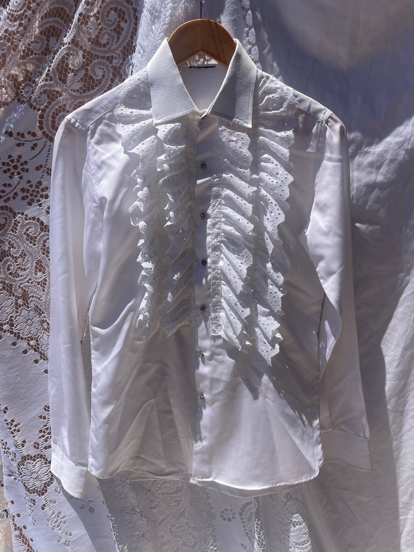 Vintage 1970s White Broderie Anglaise Ruffle Bib Shirt With Rhinestone Buttons