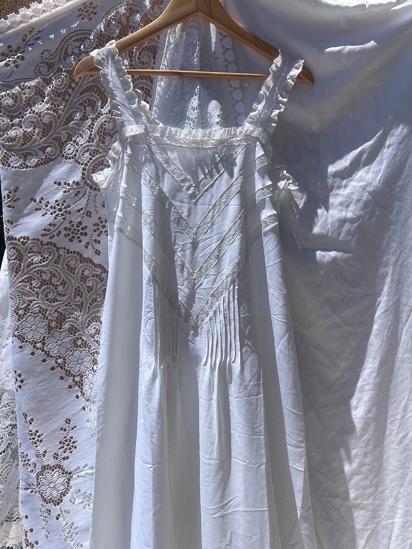 Vintage White Nightgown with Chevron Lace Insertion - 1960s–1970s