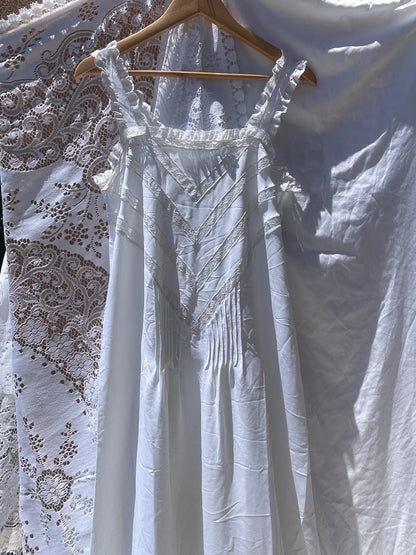 Vintage White Nightgown with Chevron Lace Insertion - 1960s–1970s