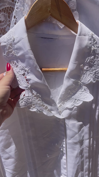 Vintage 1980/90s White Blouse with Cutwork Embroidered Collar and Pearl Bead Detail