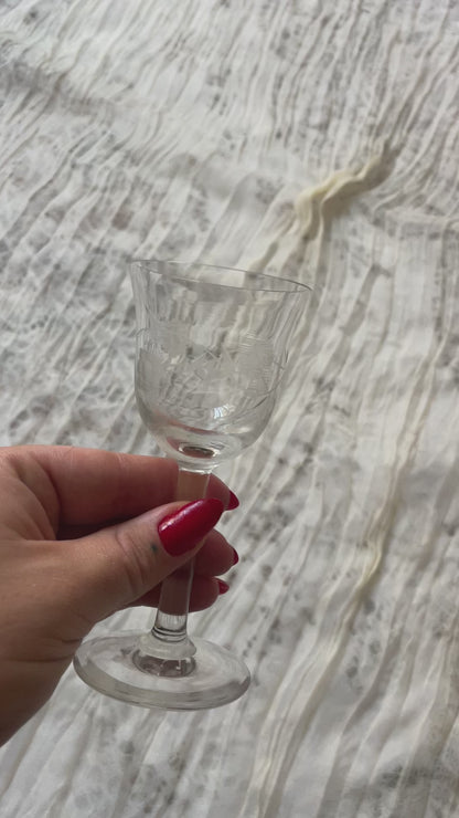 Pair of Vintage Hand-Etched Sherry Glasses - Mid-Century Floral Etched Stemware 1940s–60s