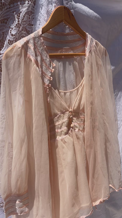 Vintage 1970s Blush Pink Babydoll & Peignoir Set - Sheer Chiffon Lingerie with Lace Inserts