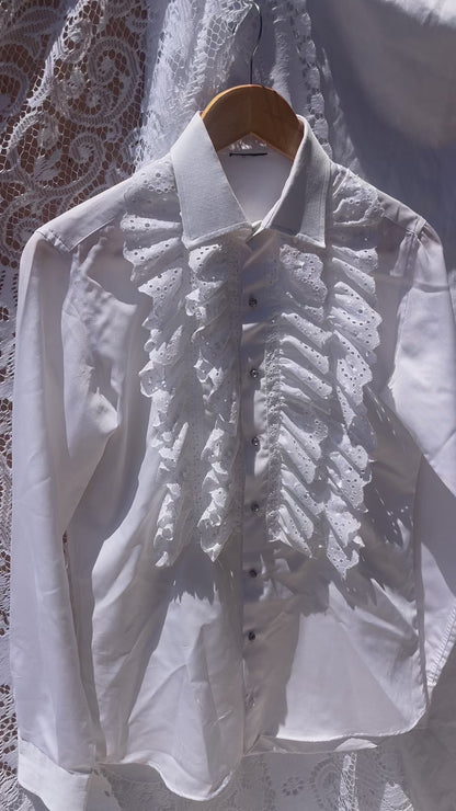 Vintage 1970s White Broderie Anglaise Ruffle Bib Shirt With Rhinestone Buttons