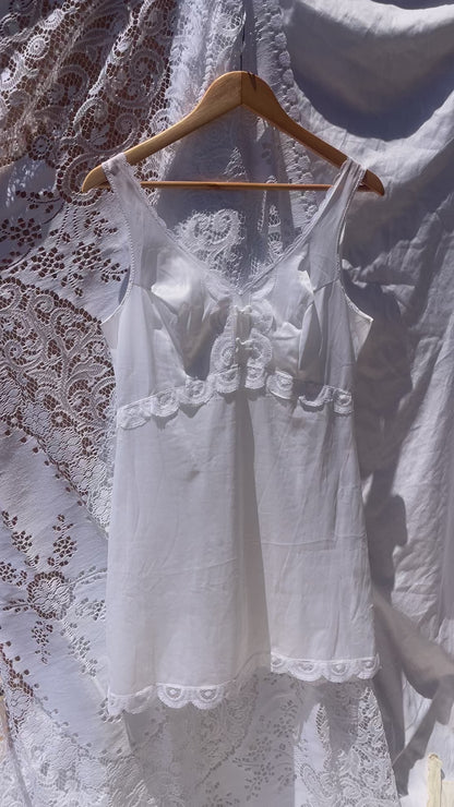 Vintage Nightgown - Empire Waist with Looped Woven Trim, Mid-Thigh, 1970s–80s