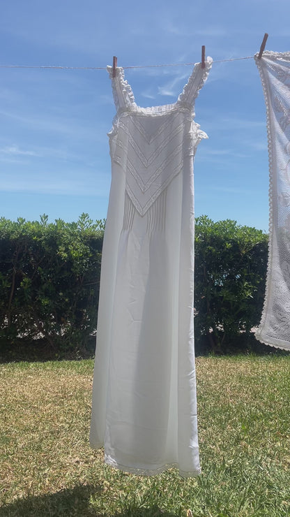 Vintage White Nightgown with Chevron Lace Insertion - 1960s–1970s
