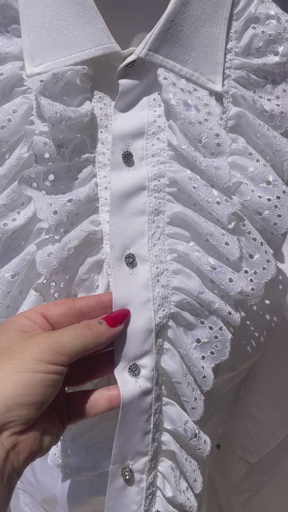 Vintage 1970s White Broderie Anglaise Ruffle Bib Shirt With Rhinestone Buttons