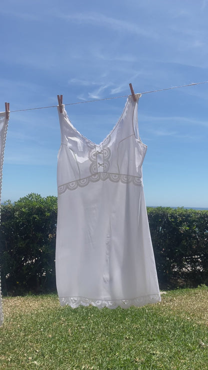 Vintage Nightgown - Empire Waist with Looped Woven Trim, Mid-Thigh, 1970s–80s