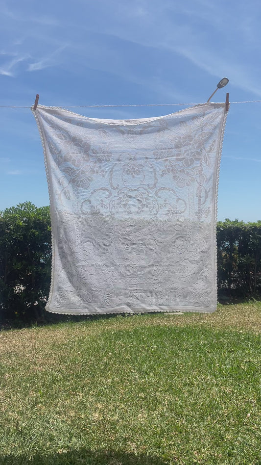 Vintage Handmade Filet Crochet Tablecloth - White Cotton Floral Lace Panel
